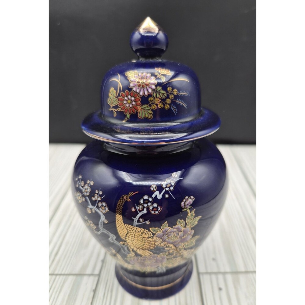 Vintage Cobalt Blue Porcelain Ginger Jar Japanese Peacock Floral Vase Gold
